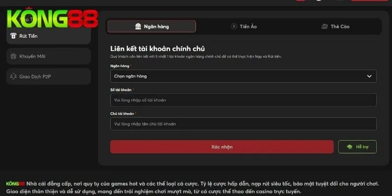 70% người chơi lựa chọn hình thức rút thưởng KONG88 qua ngân hàng 70% người chơi lựa chọn hình thức rút thưởng KONG88 qua ngân hàng